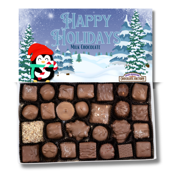 Happy Holidays milk chocolate gift box rocky mountain chocolate factory